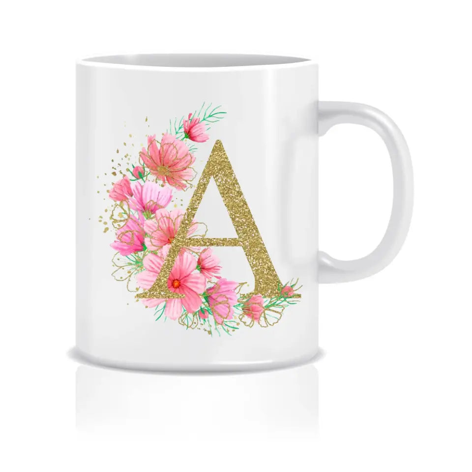 Buchstabentasse Gold-Rosa Blumen